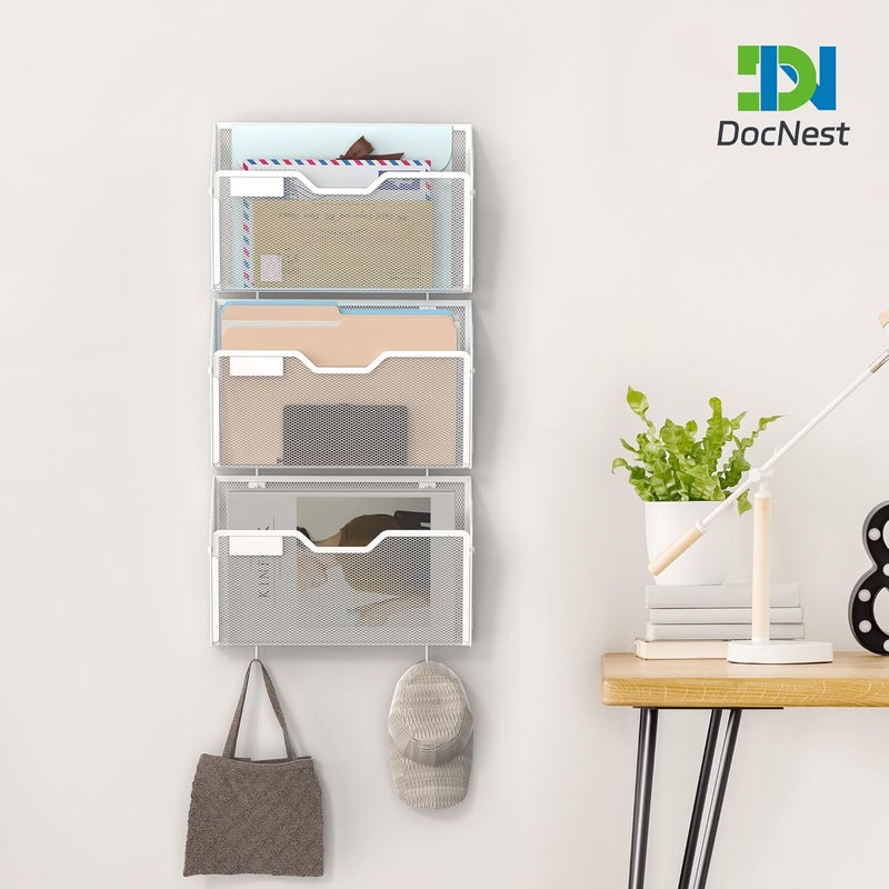 Docnest 6 Pack Hanging Wall File Holders, Mesh Wall Letter File Holder, Wall Mounted Mail Paper Document Folder Holder with Hooks for Office, Home, School, White - Image 5